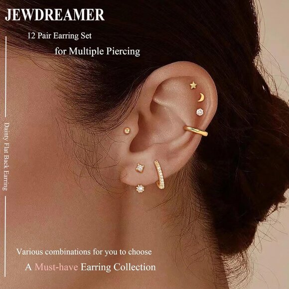 Dainty Gold Flat Back Hypoallergenic Cartilage Earring Sets for Multiple Piercin - Picture 2 of 6